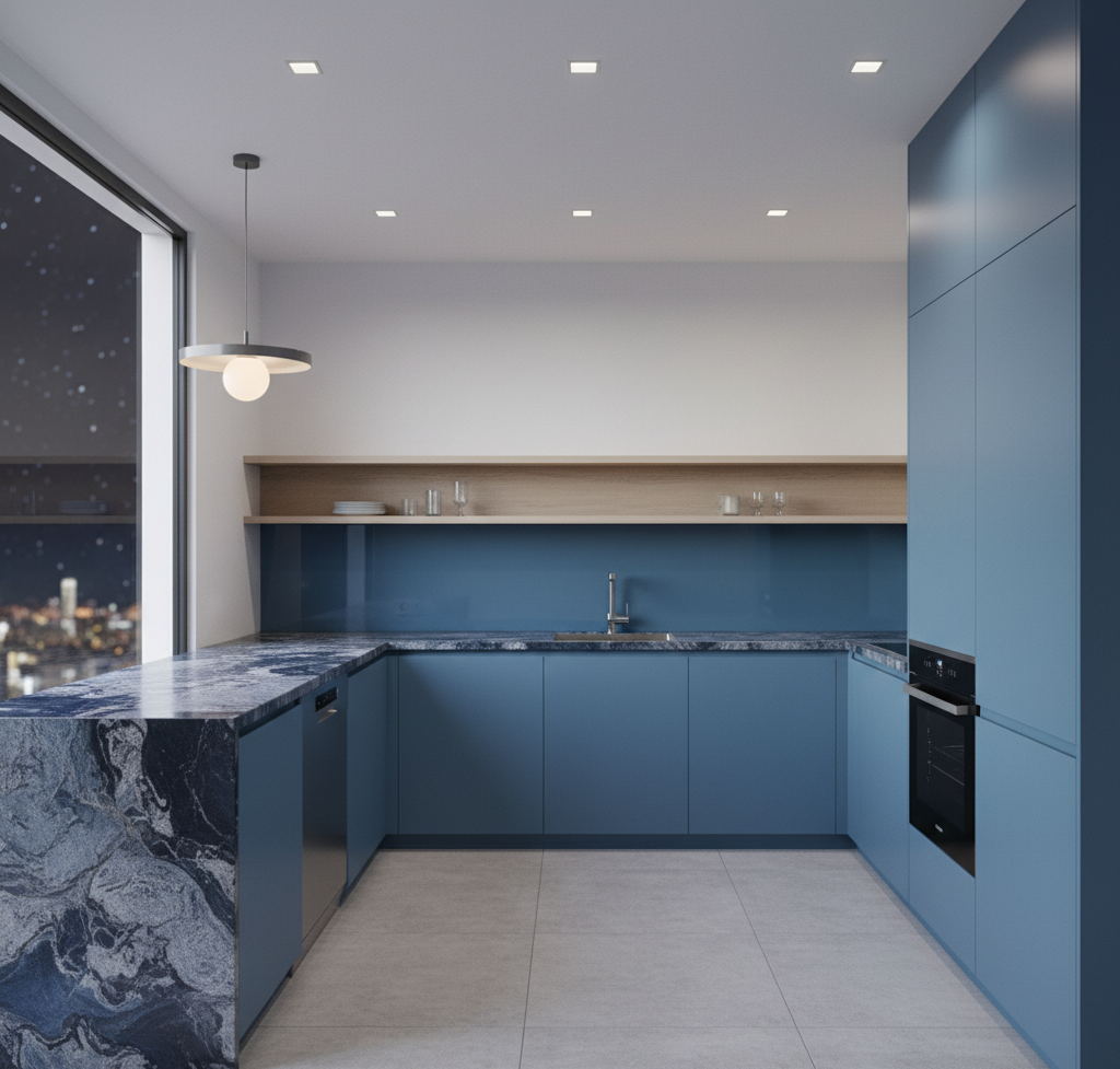 Minimal-L-Shaped-Kitchen-Design-in-Celestial-Blue-with-Granite-Countertop