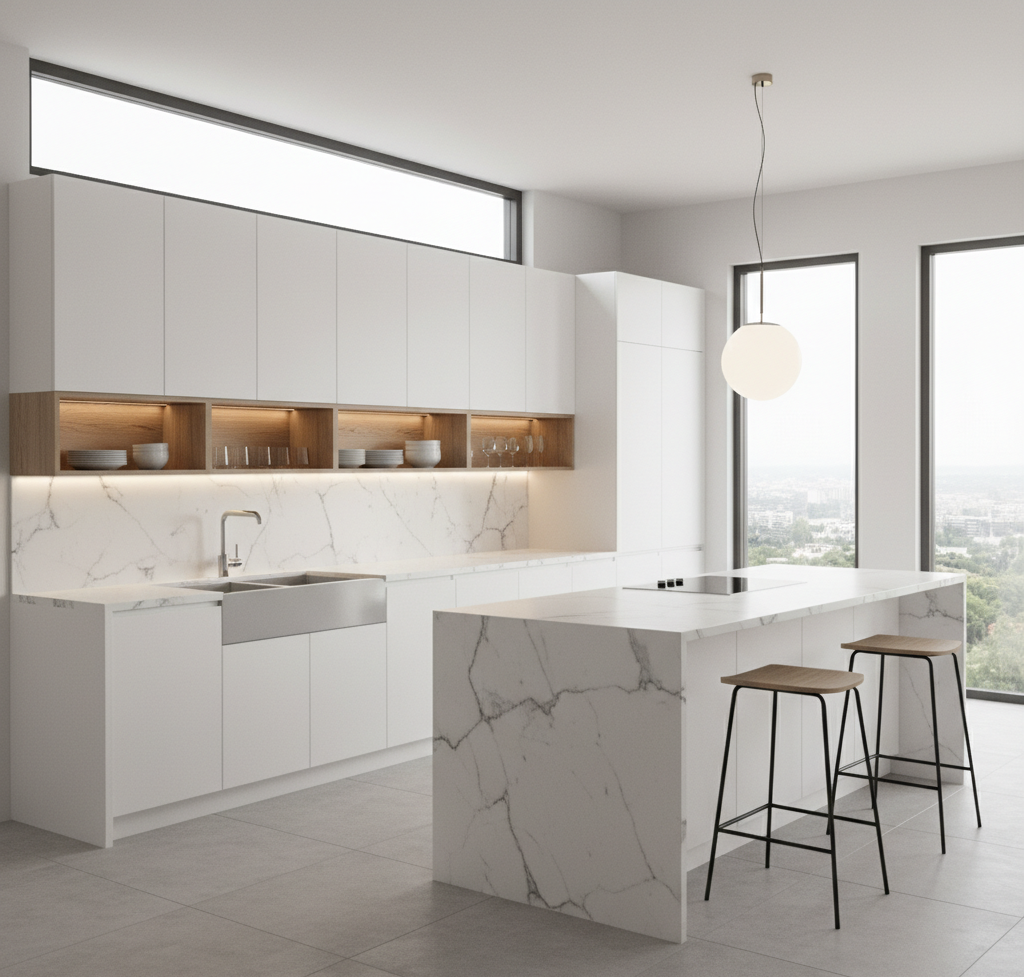 Modern-L-Shaped-Kitchen-Design-with-White-Marble-Countertop-and-White-Units