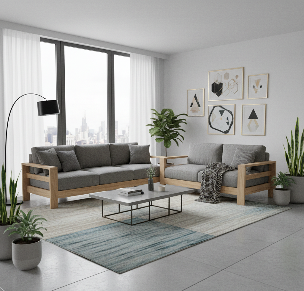 Contemporary-Living-Room-Design-With-3-2-Grey-Sofas-with-Wooden-Frame