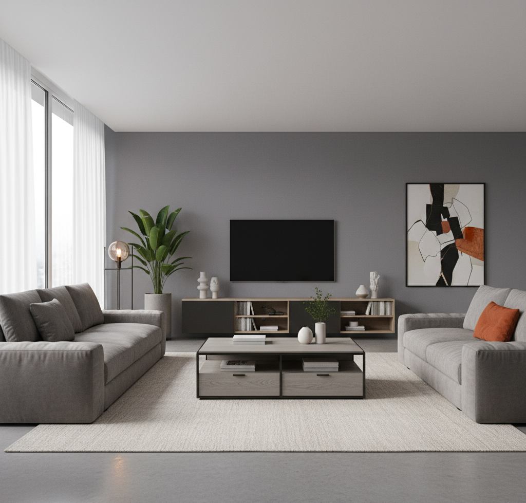 Contemporary Living Room Design With Grey Sofas And Storage Table