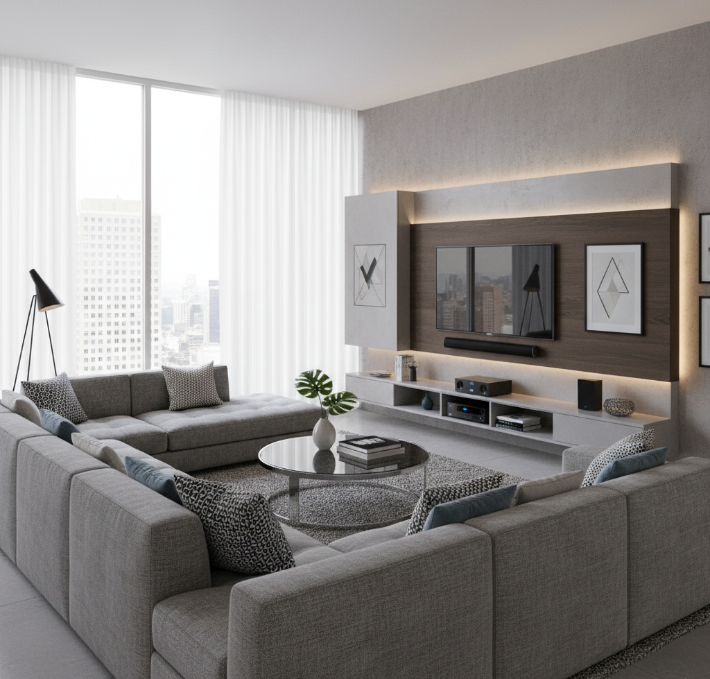 Modern Living Room with a Grey Sofa and Built-in Wall TV Unit