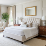 Classic Guest Bedroom Design With Wall Mouldings and Cream Upholstered Bed