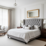 Classic Guest Bedroom Design with Panelled Walls and Grey Cushioned Headboard Bed