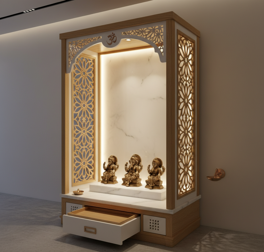 Contemporary Floor-Mounted Contemporary Pooja Design with Intricate Cutwork Panels