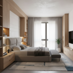 Contemporary Guest Bedroom Design Featuring Built-In Storage and Textured Walls