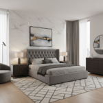 Contemporary Guest Bedroom Design With Marble Wall and Velvet Tufted Grey Upholstery Bed