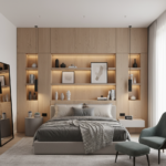 Contemporary Guest Bedroom Design With Niche Wall and Pendant Lighting