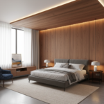Contemporary Guest Bedroom Design With Walnut Paneling and Cove Lighting