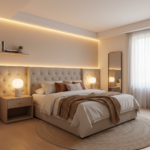Contemporary Guest Bedroom Design with Beige Tufted Bed and Warm Lighting