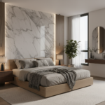 Contemporary Guest Bedroom Design with Wooden Bed and Marble Panel Accent