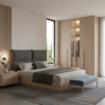 Contemporary Guest Bedroom Design with Wooden Bed and Wardrobe Storage