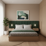 Contemporary Guest Bedroom Design with Wooden Bed with Green Headboard
