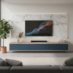 Contemporary TV Unit Design with Blue Drawers and Marble Panel Backdrop