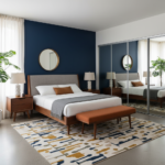Mid-Century Modern Guest Bedroom Design With Mirror Wardrobes And Navy Wall