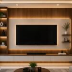 Modern Floating TV Unit With Wooden Slat Panel and LED Backlighting