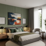 Modern Guest Bedroom Design With Olive Fluted Walls and Artwork