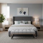Modern Guest Bedroom Design With Wingback Headboard Bed and Plush Bench