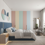 Modern Guest Bedroom Design with Blue Headboard and Pastel Wardrobe