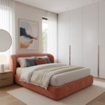 Modern Guest Bedroom Design with Coral Upholstered Bed and White Wardrobe