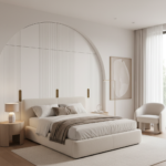 Modern Guest Bedroom Design with Cream Bed and Arched White Wardrobe