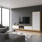 Modern TV Unit Design with Floating Console and Tall Storage Cabinet