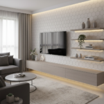 Modern TV Unit Design with Floating Shelves and 3D Wall Panel