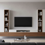 Modern TV Unit Design with White and Brown with Side Cabinets and Open Shelves