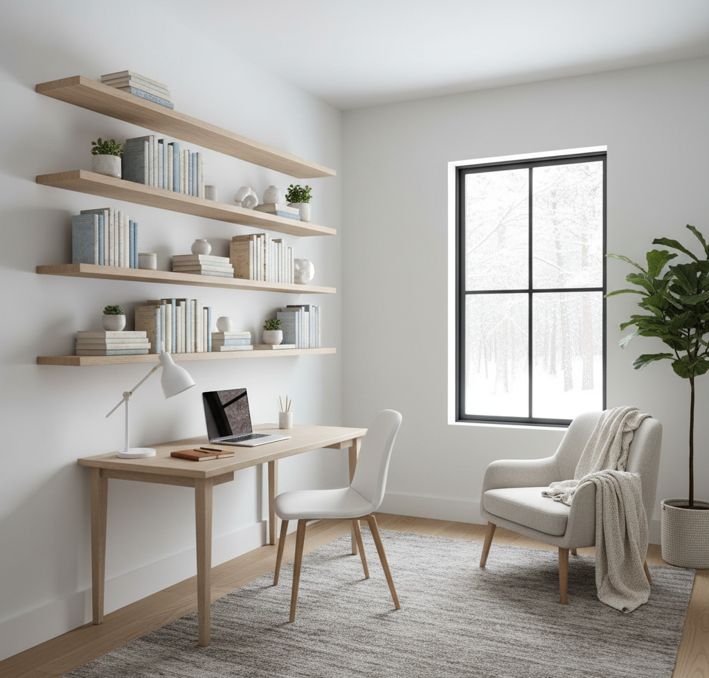 Scandinavian Study Room Design With Open Floating Racks