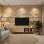 Scandinavian TV Unit Design with Floating Console and 3D Panel Backdrop