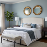 Transitional Guest Bedroom Design With Gold Mirrors And Powder-Blue Walls