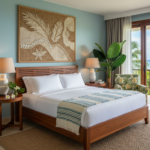 Tropical Guest Bedroom Design with Teak Bed and Textured Wall Art